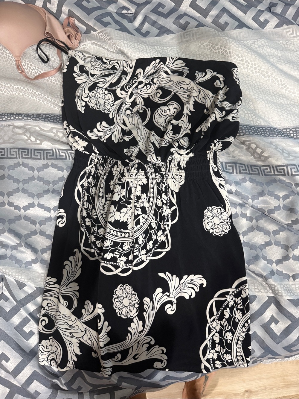 White House Black Market Black Strapless Dress with White Scroll Print